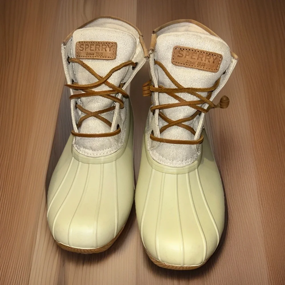 Sperry Womens Saltwater Ivory Duck Boots Waterproof Zip Ankle STS83234 Mens 7.5